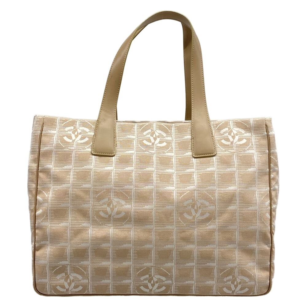 Chanel New Travel Line Tote MM Tote Bag Beige White Nylon Jacquard Leather